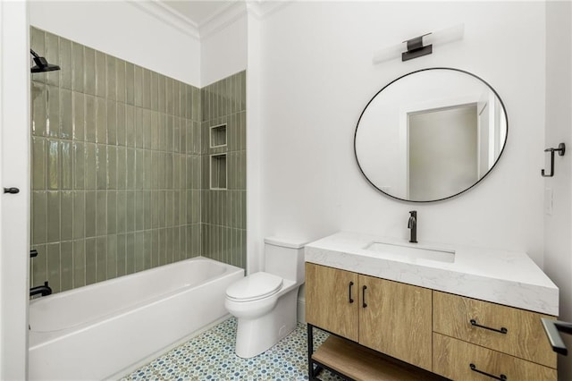 bathroom with toilet, crown molding, bathing tub / shower combination, and vanity