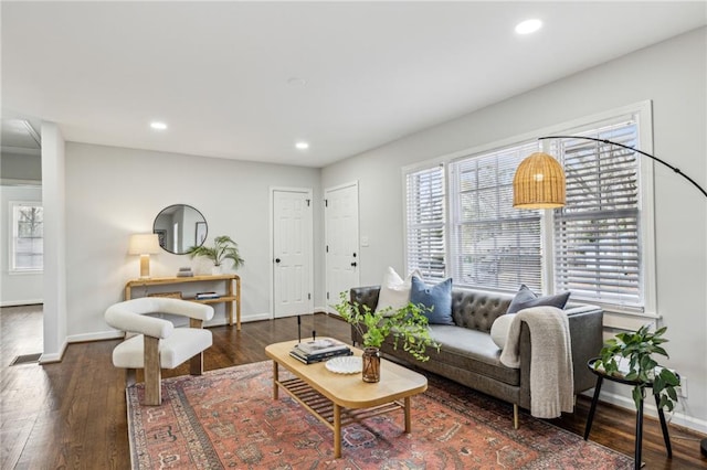 living room with dark hardwood / wood-style flooring