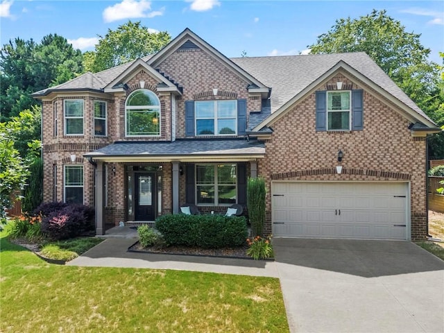 view of front facade featuring driveway, brick siding, and an attached garage