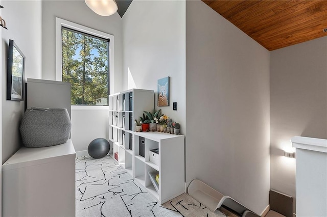 interior space with light carpet and wooden ceiling