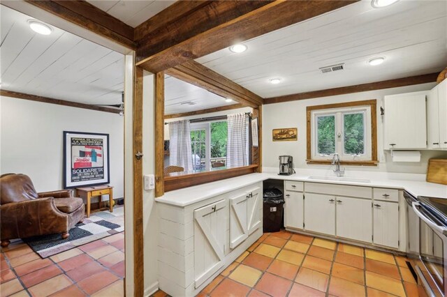 kitchen featuring stainless steel range, white cabinets, a healthy amount of sunlight, and sink