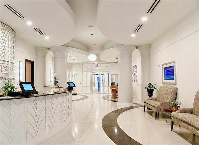 reception area with decorative columns