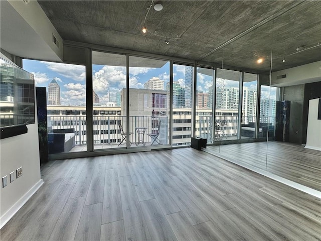 empty room featuring hardwood / wood-style flooring and a wall of windows