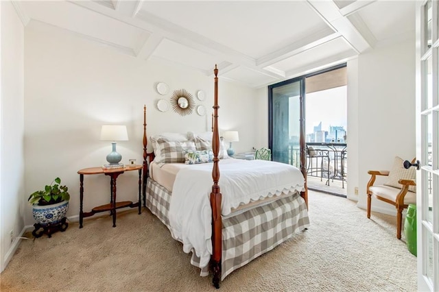 carpeted bedroom with access to exterior, coffered ceiling, beam ceiling, and french doors