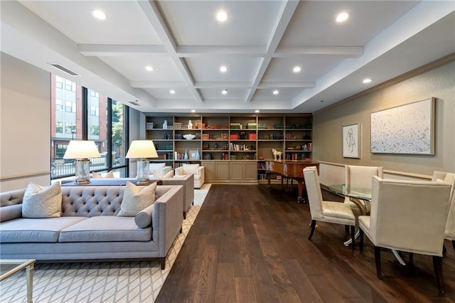 sitting room with beam ceiling, recessed lighting, visible vents, wood finished floors, and coffered ceiling