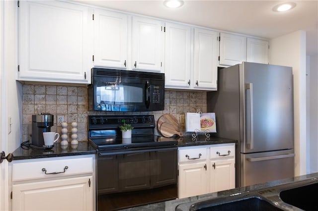 kitchen featuring decorative backsplash, dark countertops, white cabinets, and black appliances