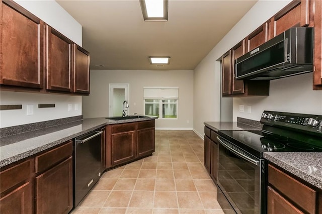 kitchen featuring kitchen peninsula, sink, dishwasher, black / electric stove, and light tile patterned flooring