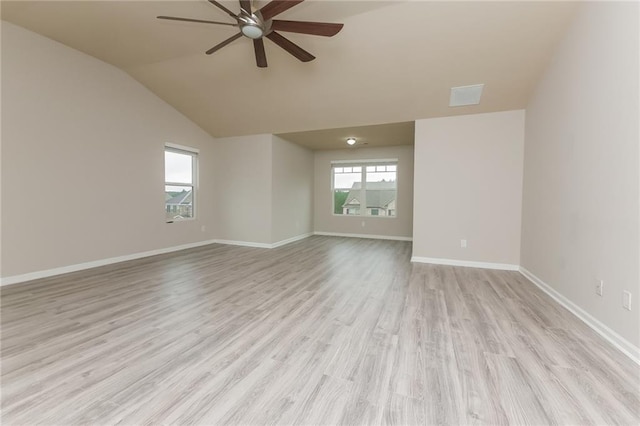 spare room featuring light wood-type flooring, ceiling fan, and lofted ceiling