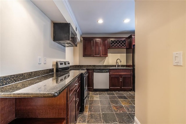 kitchen with dishwasher, electric stove, a sink, dark stone finish floors, and recessed lighting