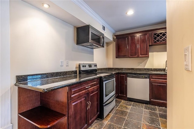 kitchen featuring stainless steel appliances, open shelves, dark stone finish floors, crown molding, and recessed lighting