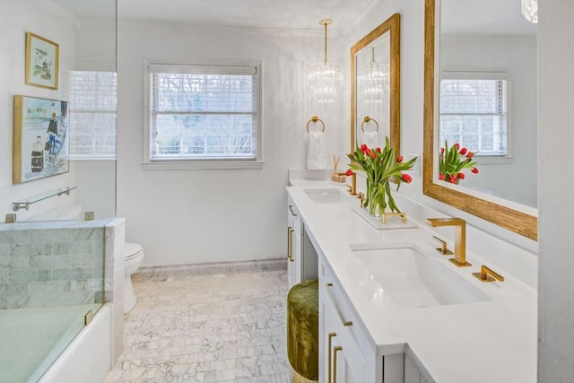 3519 Sunderland Way NE, Brookhaven, GA 30319 - bathroom featuring double vanity, a bath, a chandelier, marble look tile flooring, and ornamental molding