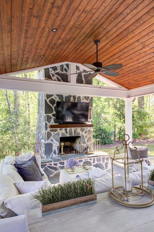 3519 Sunderland Way NE, Brookhaven, GA 30319 - view of patio featuring an outdoor living space with a fireplace and ceiling fan