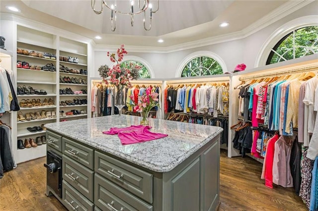 spacious closet featuring a raised ceiling, dark wood-type flooring, and a chandelier