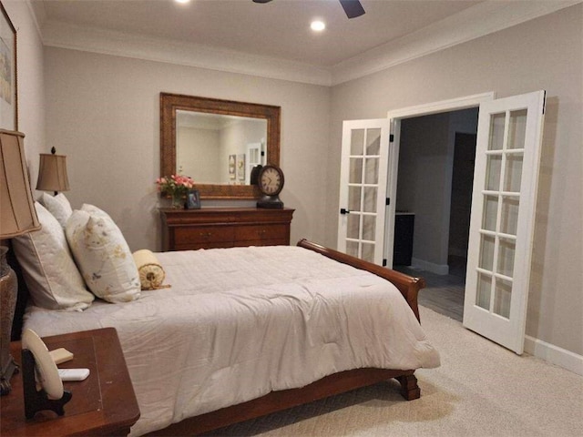 bedroom with carpet floors, recessed lighting, french doors, and ornamental molding