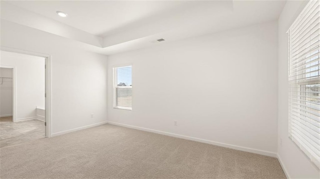 unfurnished bedroom featuring multiple windows, a raised ceiling, light carpet, and a walk in closet