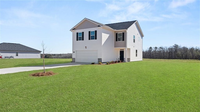 view of front of home with a garage and a front lawn