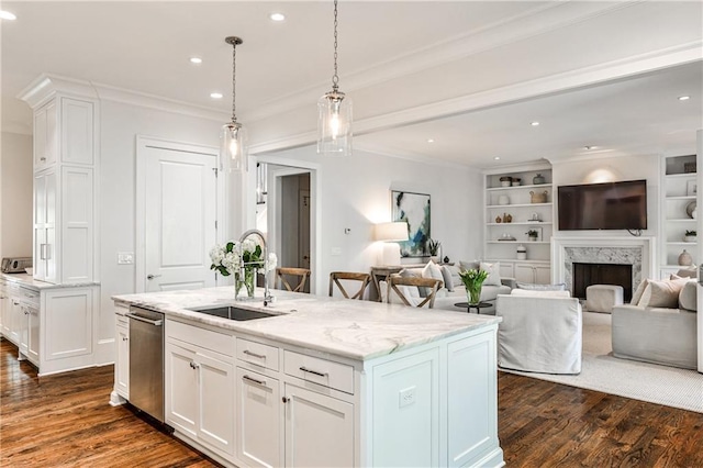 156 Lake Forrest Ln NE, Atlanta, GA 30342 - kitchen with a sink, dark wood finished floors, an island with sink, white cabinetry, and crown molding