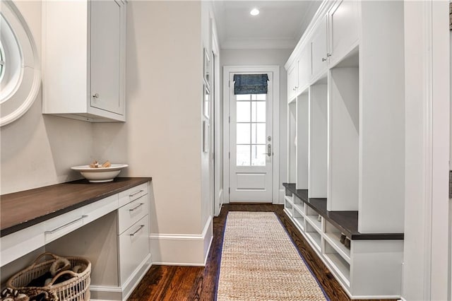 156 Lake Forrest Ln NE, Atlanta, GA 30342 - mudroom with crown molding, dark wood-style flooring, baseboards, and recessed lighting