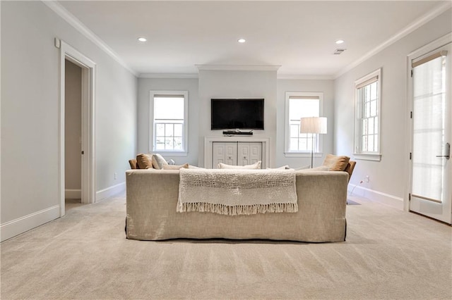 156 Lake Forrest Ln NE, Atlanta, GA 30342 - living room with light carpet, crown molding, baseboards, healthy amount of natural light, and recessed lighting