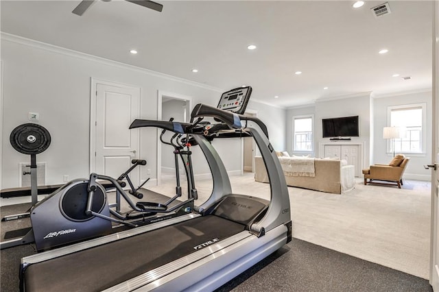 156 Lake Forrest Ln NE, Atlanta, GA 30342 - workout area with crown molding, recessed lighting, baseboards, and ceiling fan
