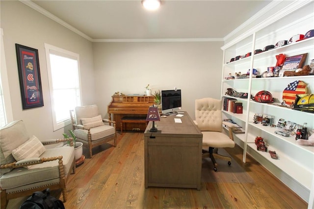 office space featuring ornamental molding and hardwood / wood-style flooring