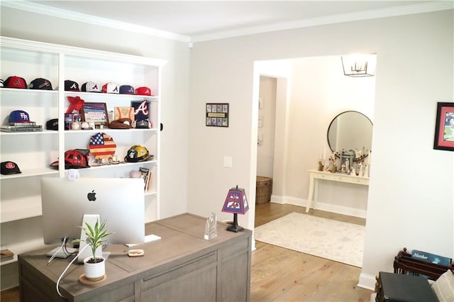 office space featuring light hardwood / wood-style floors and crown molding