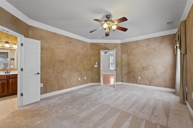 6350 Manningtree Ct, Cumming, GA 30041 - unfurnished bedroom with crown molding, a sink, light carpet, connected bathroom, and ceiling fan