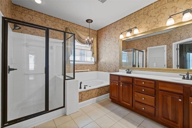 6350 Manningtree Ct, Cumming, GA 30041 - bathroom with tile patterned flooring, a shower stall, a bath, double vanity, and wallpapered walls