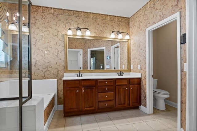 6350 Manningtree Ct, Cumming, GA 30041 - full bath featuring double vanity, tile patterned floors, toilet, a bath, and a shower with door