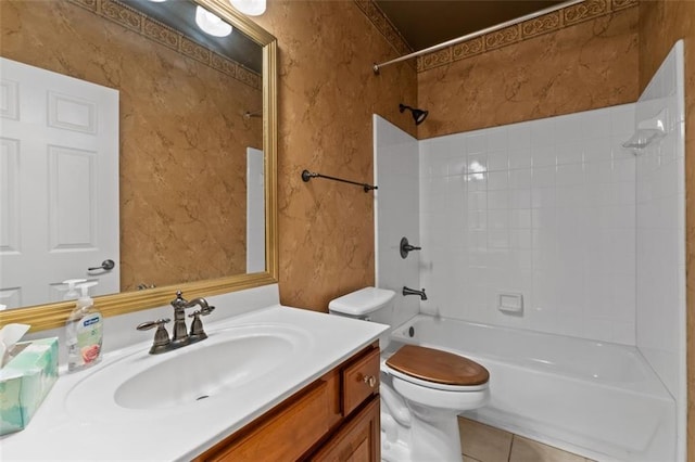 6350 Manningtree Ct, Cumming, GA 30041 - bathroom with tub / shower combination, vanity, toilet, and tile patterned floors