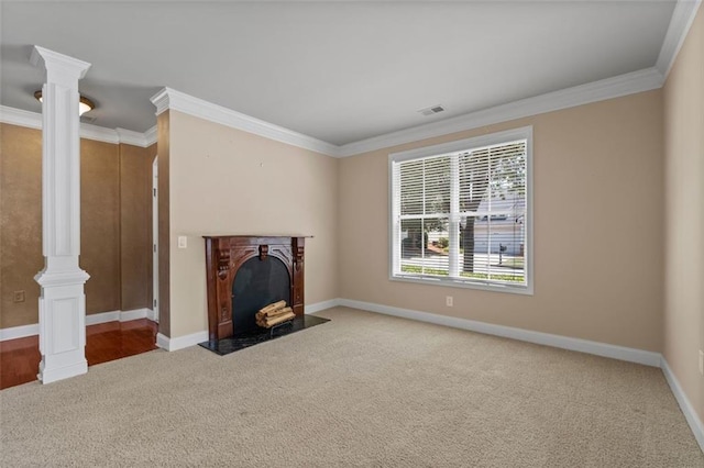 6350 Manningtree Ct, Cumming, GA 30041 - unfurnished living room featuring carpet, decorative columns, ornamental molding, and baseboards
