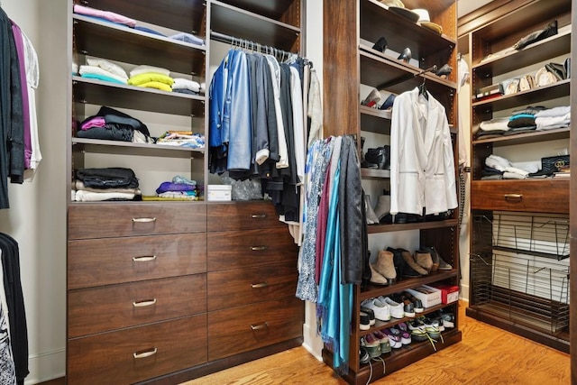 walk in closet with wood finished floors