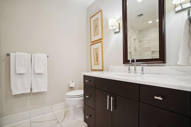 bathroom with toilet, marble finish floor, walk in shower, baseboards, and visible vents