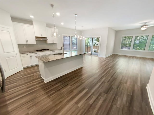 108 Hickory Run, Canton, GA 30115 - kitchen featuring gas cooktop, a sink, dark wood-type flooring, and under cabinet range hood