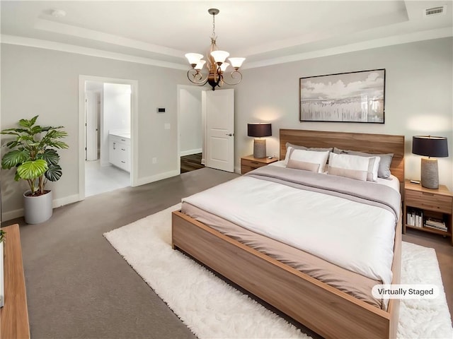 108 Hickory Run, Canton, GA 30115 - bedroom featuring a chandelier, visible vents, baseboards, connected bathroom, and a tray ceiling