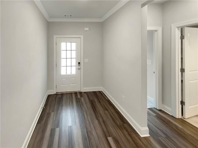 108 Hickory Run, Canton, GA 30115 - doorway with crown molding, baseboards, dark wood finished floors, and visible vents