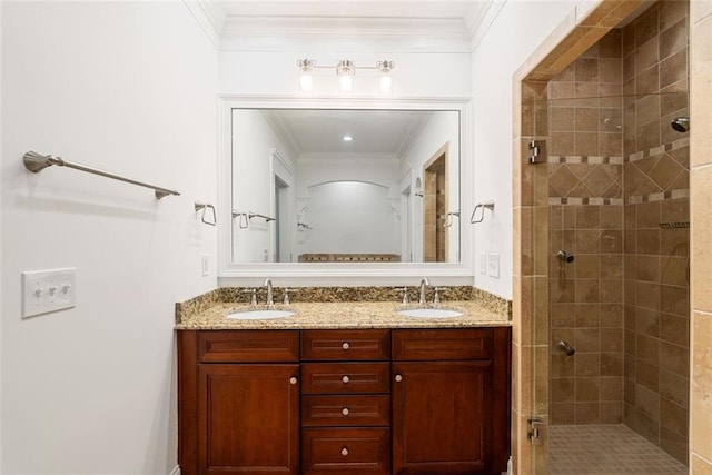 2855 Middlecreek Way Unit 2855, Cumming, GA 30041 - bathroom featuring ornamental molding, a stall shower, and double vanity