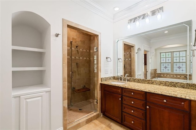 2855 Middlecreek Way Unit 2855, Cumming, GA 30041 - full bath featuring ornamental molding, a stall shower, double vanity, built in features, and a bath