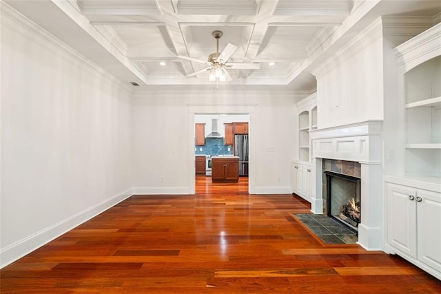 2855 Middlecreek Way Unit 2855, Cumming, GA 30041 - unfurnished living room featuring a fireplace with flush hearth, ceiling fan, dark wood-style flooring, baseboards, and ornamental molding