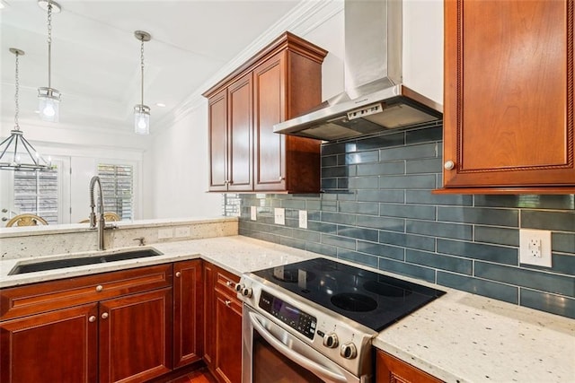 2855 Middlecreek Way Unit 2855, Cumming, GA 30041 - kitchen featuring wall chimney range hood, stainless steel range with electric cooktop, a sink, light stone counters, and ornamental molding