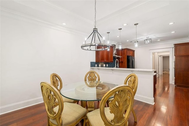 2855 Middlecreek Way Unit 2855, Cumming, GA 30041 - dining area with a chandelier, recessed lighting, dark wood-style floors, crown molding, and baseboards
