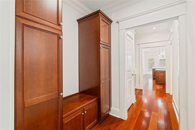 2855 Middlecreek Way Unit 2855, Cumming, GA 30041 - hallway with ornamental molding, dark wood-style floors, and baseboards