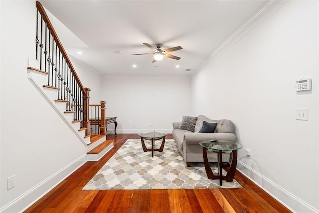 2855 Middlecreek Way Unit 2855, Cumming, GA 30041 - living area featuring wood finished floors, ceiling fan, baseboards, stairs, and recessed lighting