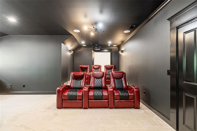 2855 Middlecreek Way Unit 2855, Cumming, GA 30041 - cinema room with carpet floors, baseboards, recessed lighting, vaulted ceiling, and ornamental molding