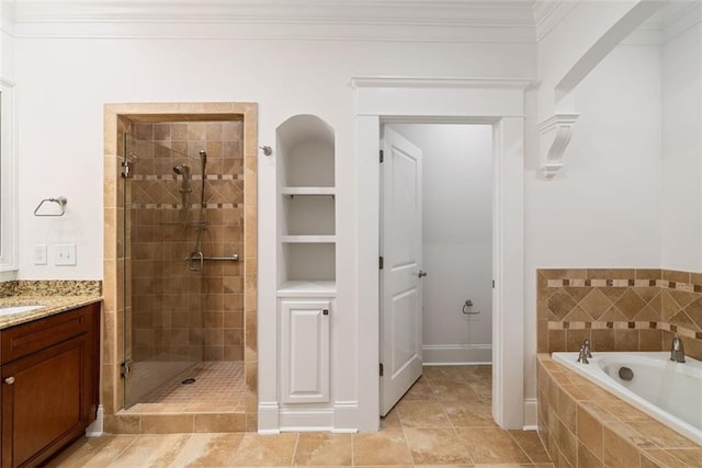 2855 Middlecreek Way Unit 2855, Cumming, GA 30041 - bathroom featuring a stall shower, a garden tub, vanity, tile patterned flooring, and built in shelves