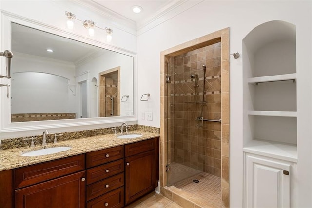 2855 Middlecreek Way Unit 2855, Cumming, GA 30041 - full bathroom featuring crown molding, a stall shower, double vanity, built in features, and tile patterned flooring