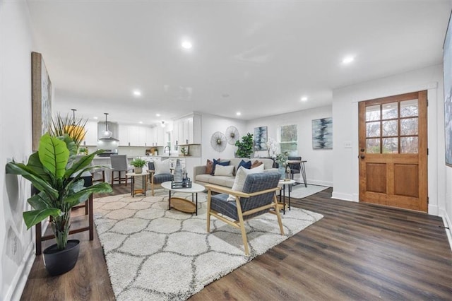 living room with dark hardwood / wood-style floors