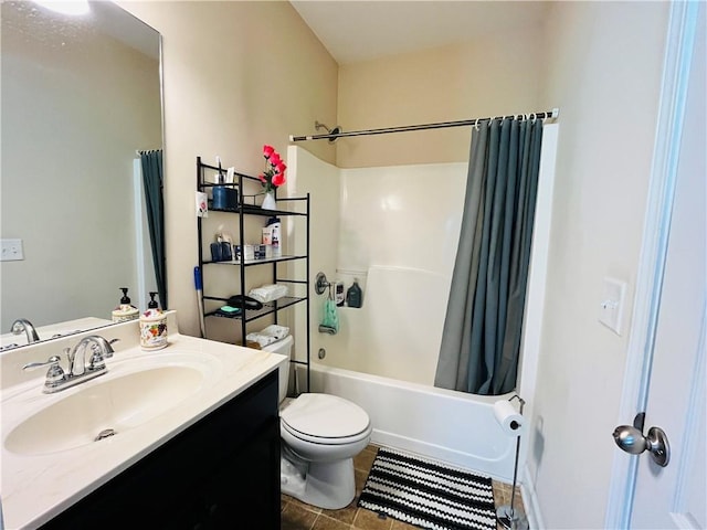 bathroom with toilet, shower / bath combination with curtain, and vanity