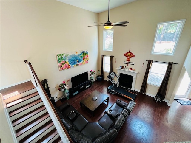 living room featuring a wealth of natural light, a fireplace, a towering ceiling, and wood finished floors