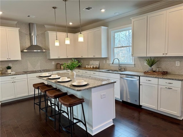 7580 Sunridge Ln, Douglasville, GA 30135 - kitchen featuring black electric stovetop, a sink, visible vents, dishwasher, and wall chimney exhaust hood